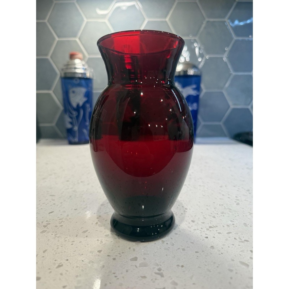 Anchor Hocking Royal Ruby Red Flower Vase Mid Century Modern Depression Glass